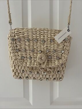 Anthropologie Beaded Woven Crossbody Bag in Natural Beige